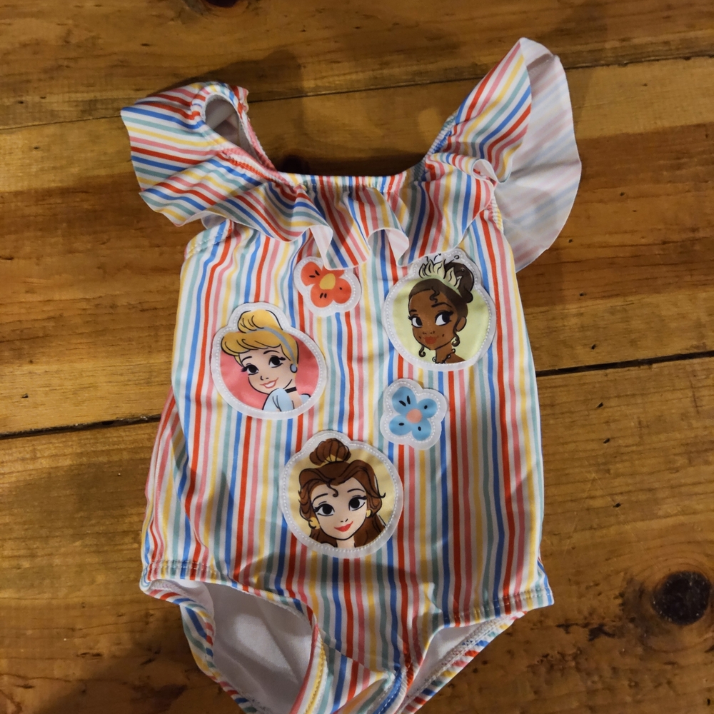 Disney Girls Rainbow Stripe One-Piece Swimsuit with Princess Patches 2 Swim Suit